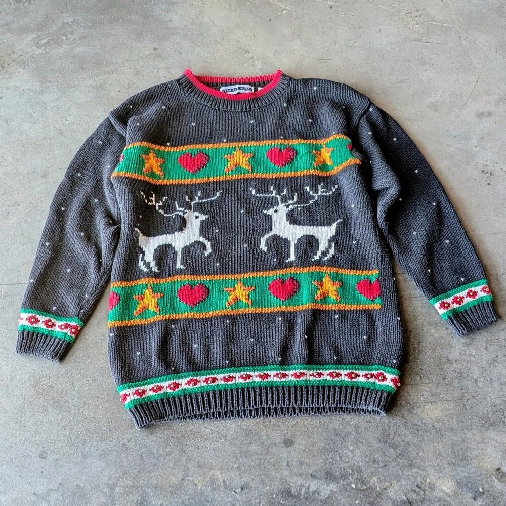 Vintage Jennifer Moore Handknit Deer Heart Star Crewneck Sweater